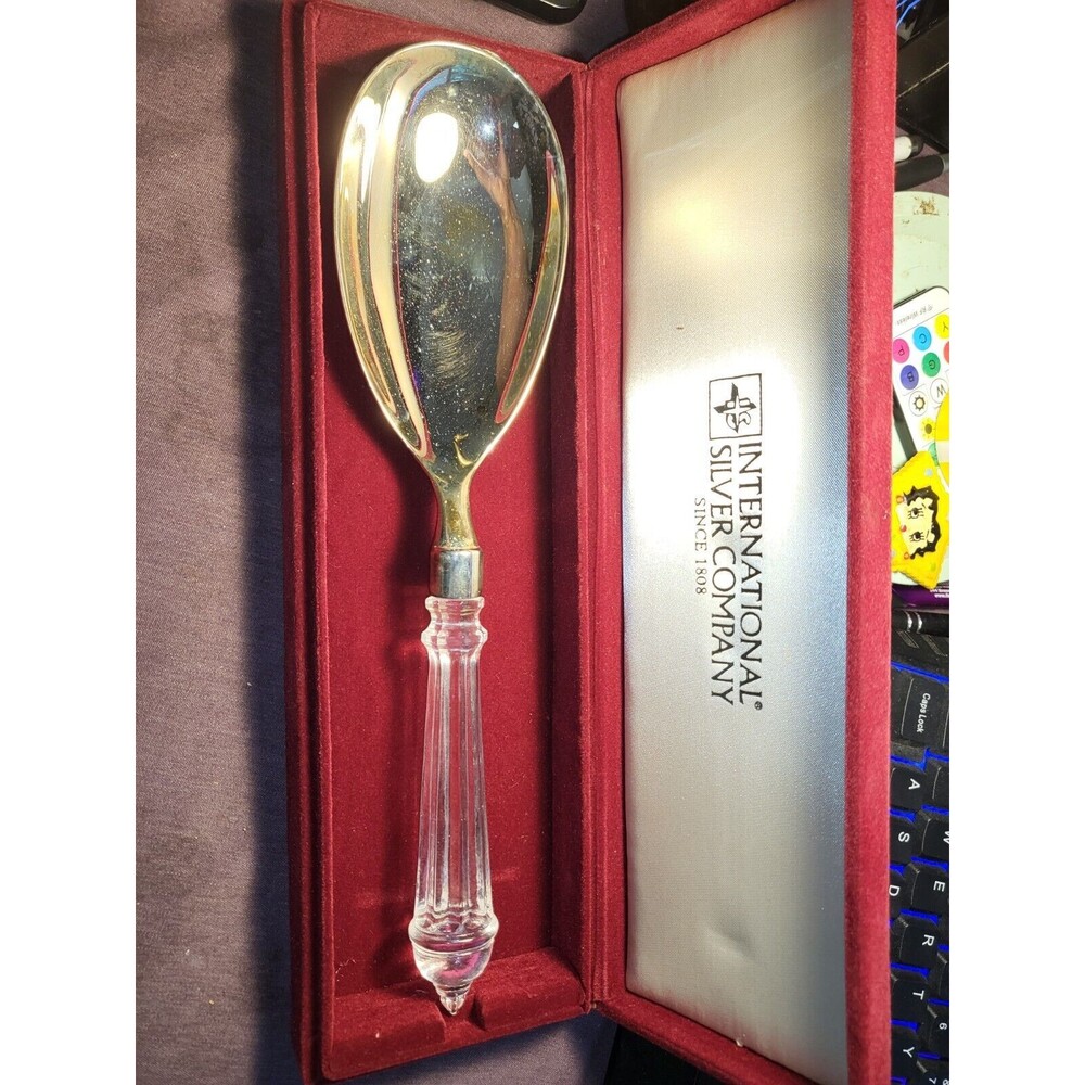 International Silver Company Lg. Serving Spoon w\Crystal Handle & Burgundy Case